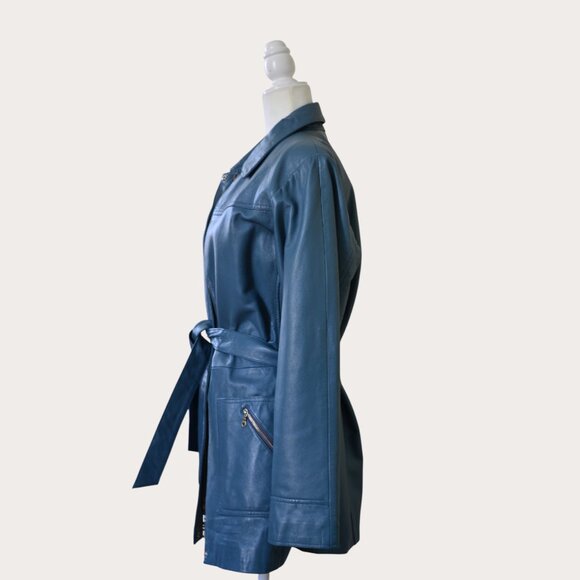 Excelled Teal Belted Leather Coat – Size L | Made in India - Picture 3 of 5